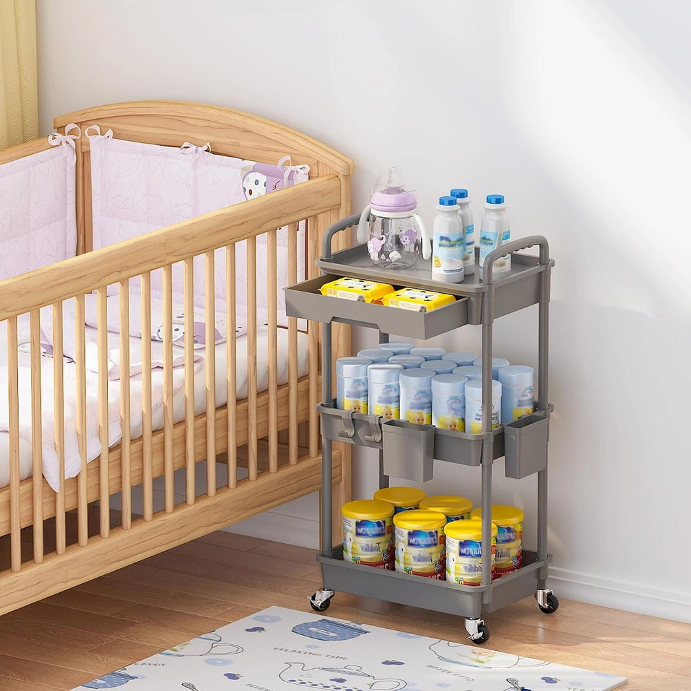 3 Tier Rolling Utility Cart with Drawer, Plastic Storage Organizer Rolling Ca...