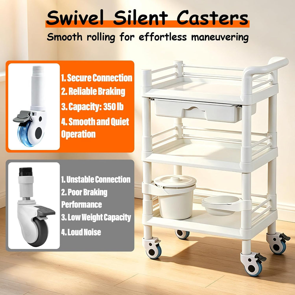 3-Tier Medical Mobile Trolley Cart, Rolling Esthetician Utility Cart