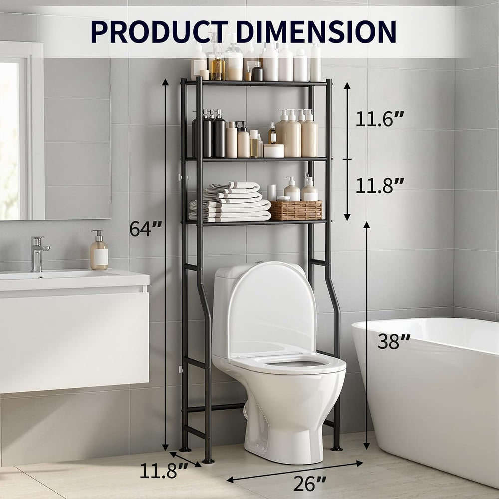 3-Tier Over Toilet Storage Cabinet, No Drilling, 64" H, Black