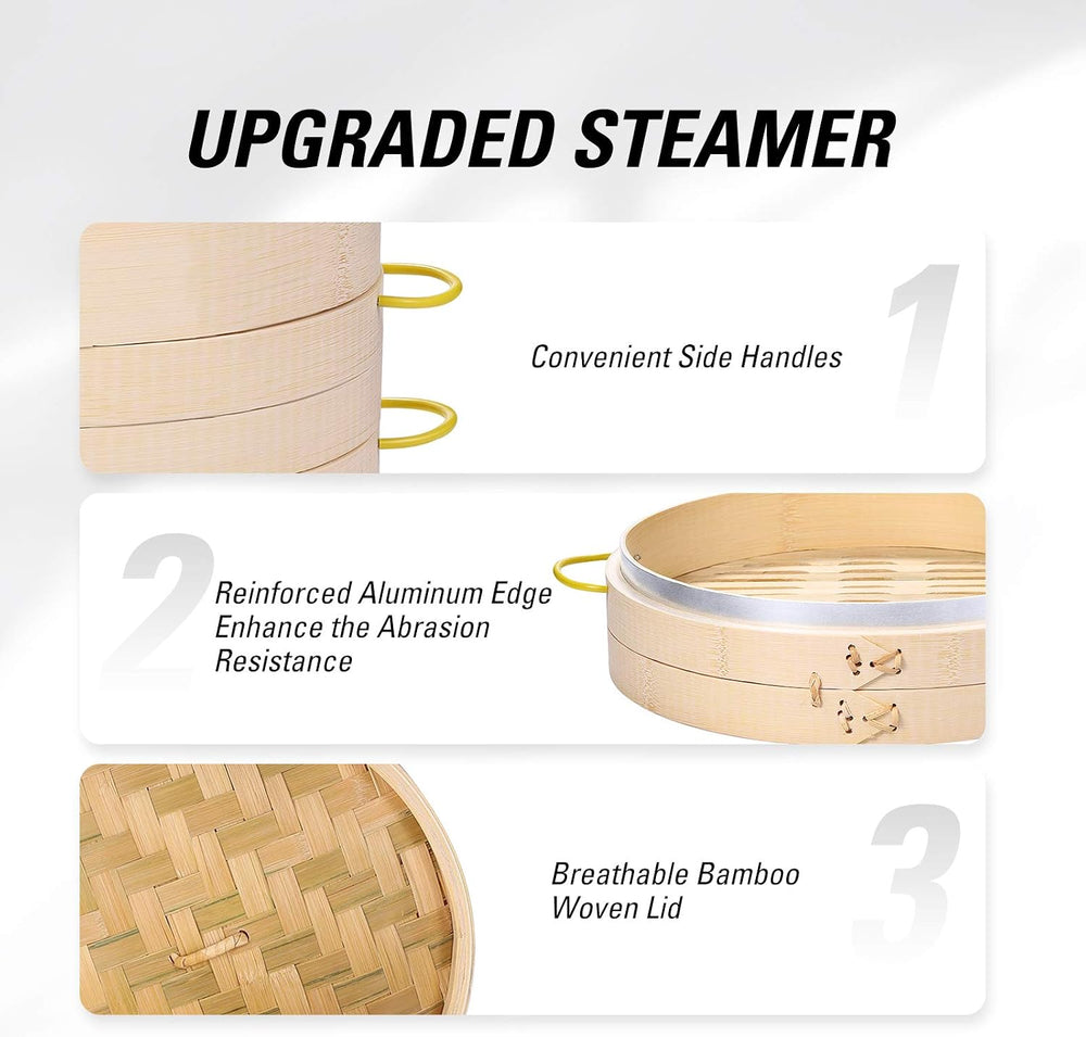 MacaRio 10 Inch Bamboo Steamer Basket Dumpling Make Set with Ring Adapter