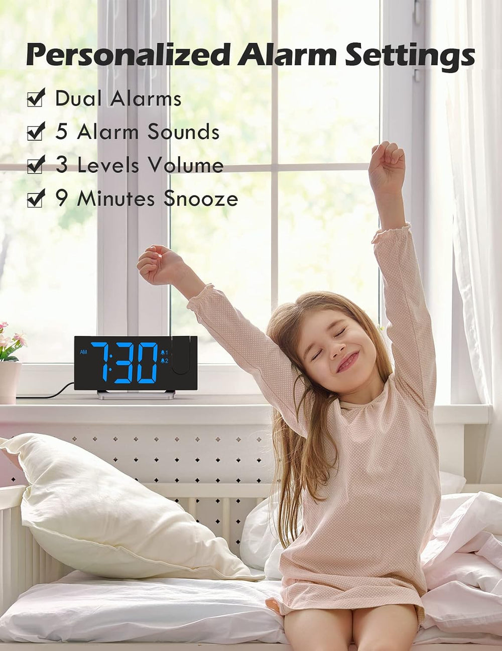 Projection Alarm Clock with FM Radio, Digital Clock for Bedroom