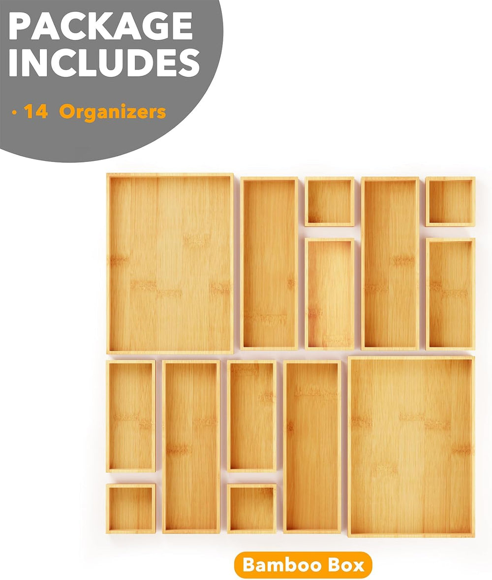 SpaceAid 14-Piece Bamboo Drawer Organizer Storage Boxes Set, Wood Tray Junk D...