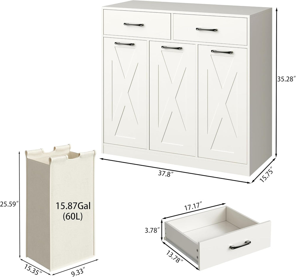 Herture Laundry Hamper Cabinet, Laundry Basket 3 Section with 2 Storage Drawe...