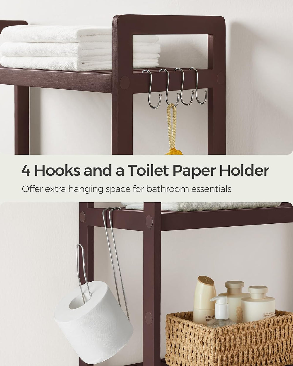 SONGMICS 3-Tier Bamboo Over The Toilet Storage, Adjustable Shelf, 66.9'&#...