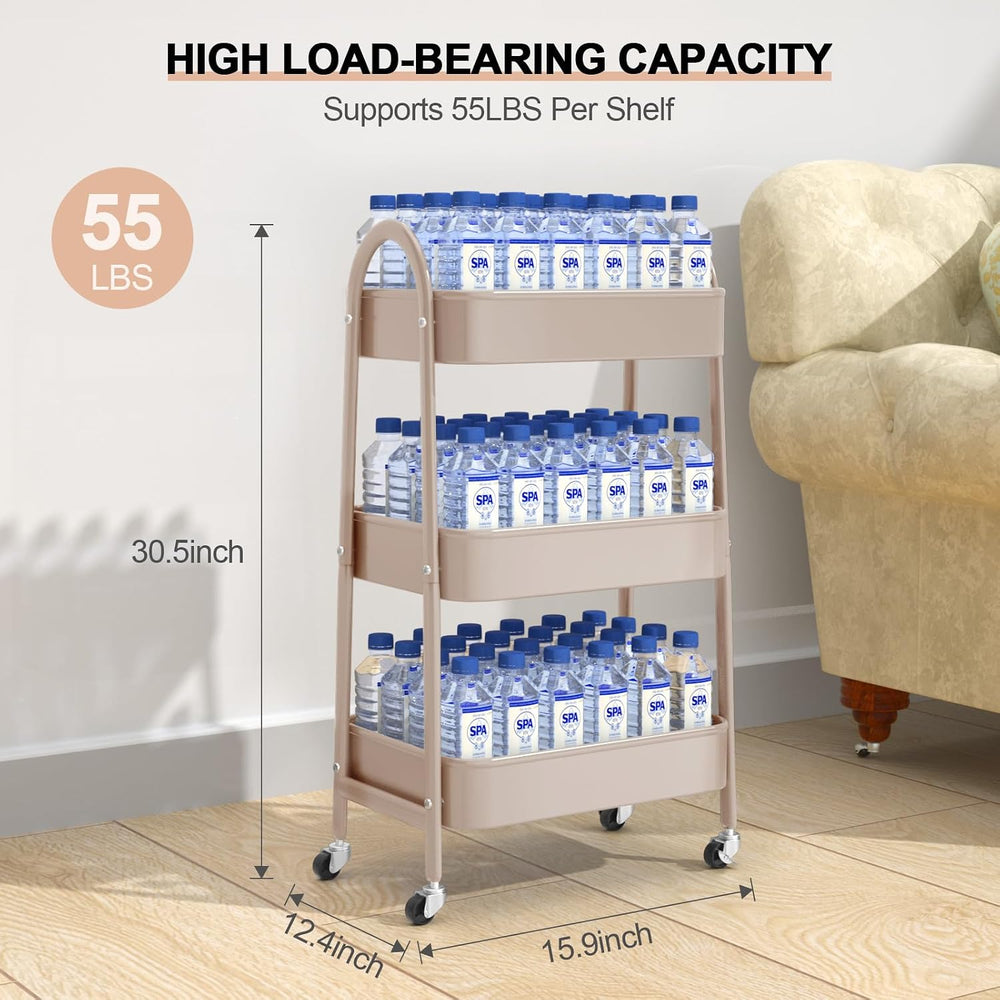 3 Tier Utility Rolling Cart, Metal Storage Cart with Handle and Lockable Whee...