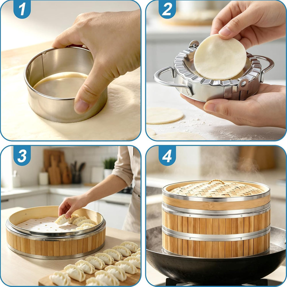 Bamboo Steamer Basket 12 Inch 2 Tier, Stainless Steel Reinforced Steamer