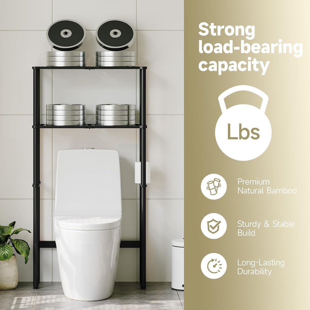 Over The Toilet Storage,2-Tier Bamboo Bathroom Shelf with Paper Holder