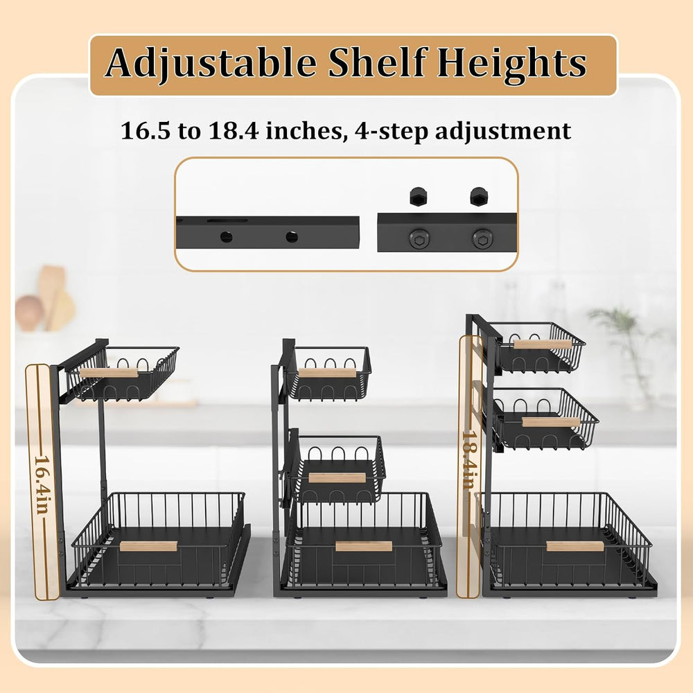 3 Tier Under Sink Organizer, Adjustable Pull Out Metal Storage Drawer