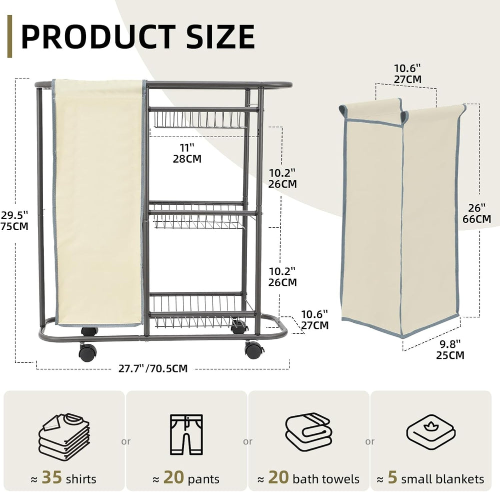 Narrow Laundry Sorter Cart with Wheels, 3 Tier Laundry Storage Cart, Beige