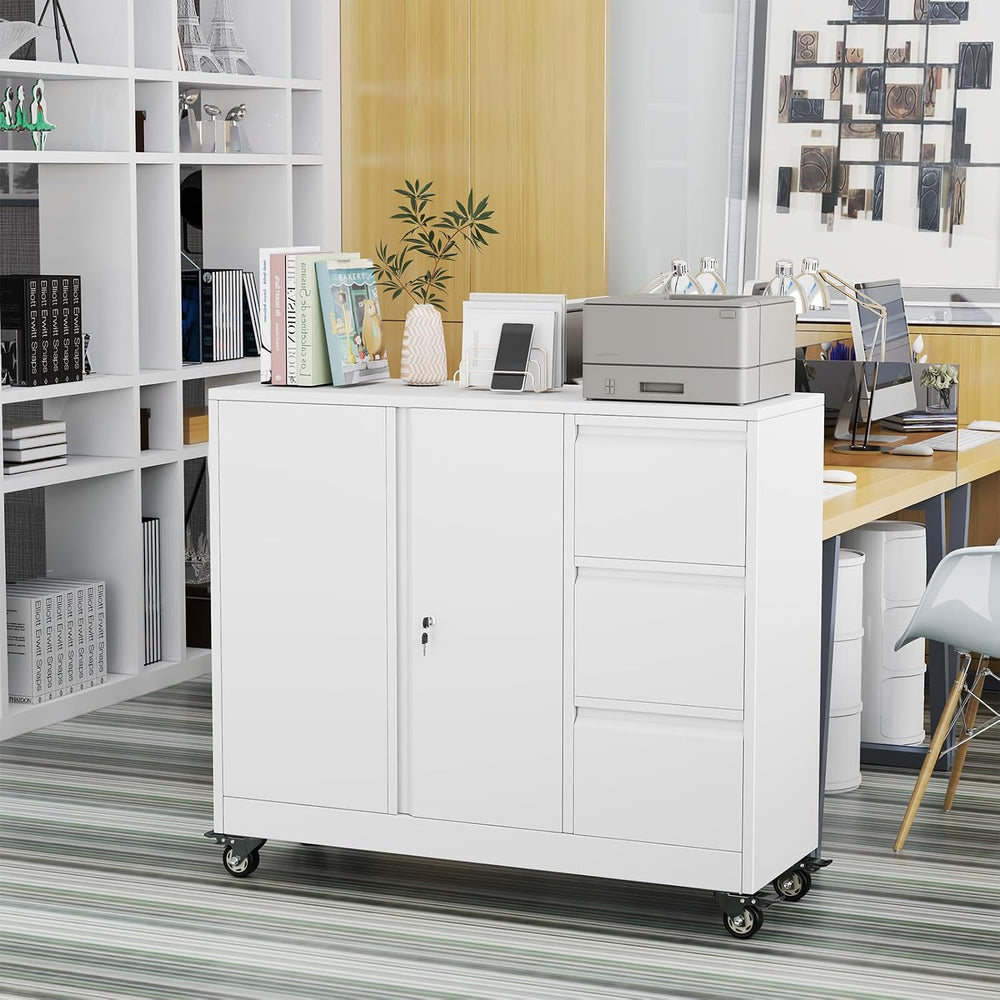 3 Drawer Lockable Lateral Mobile Steel File Cabinet with Wheels, White