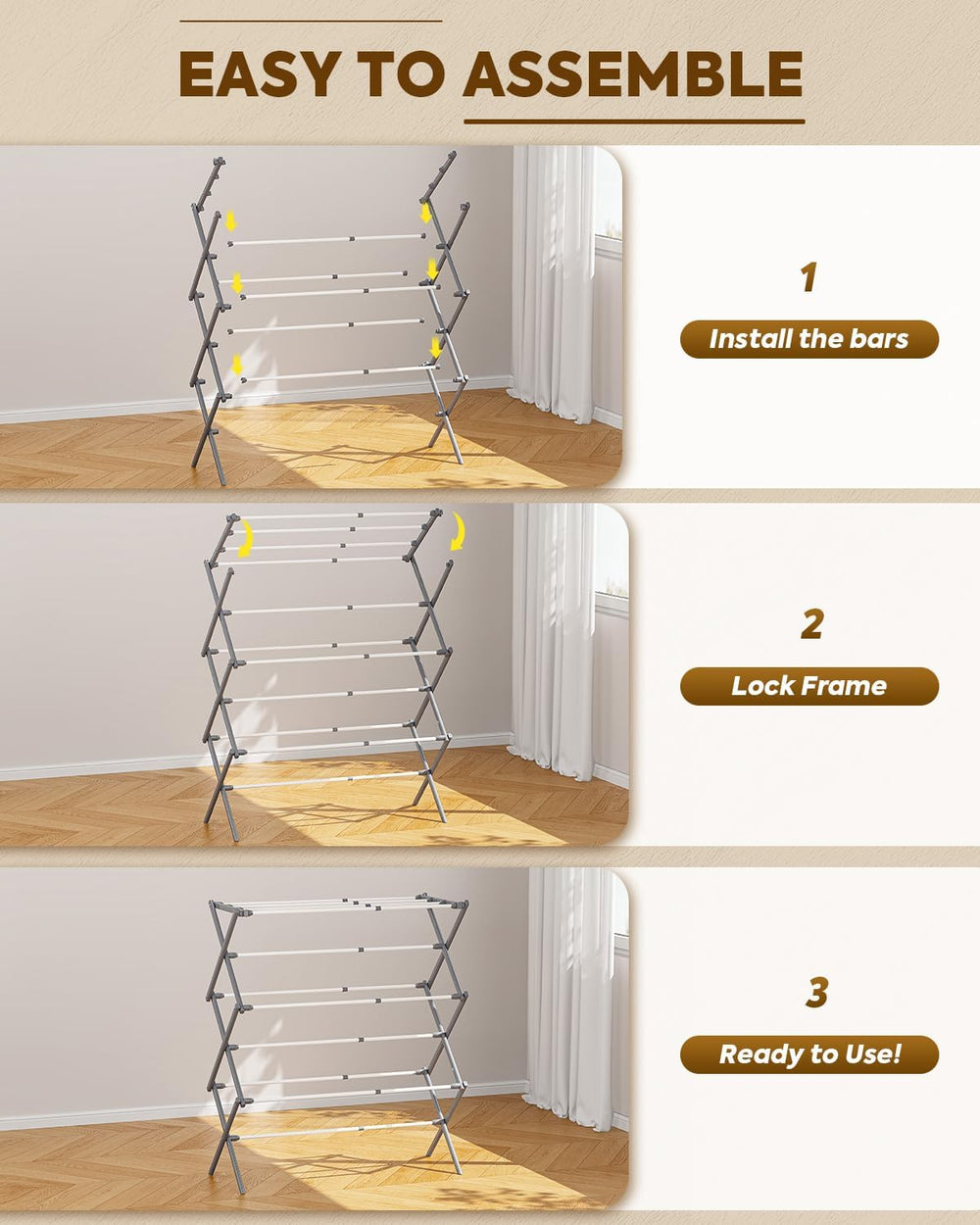 Clothes Drying Rack, 3-Tier Foldable Extendable, White & Grey