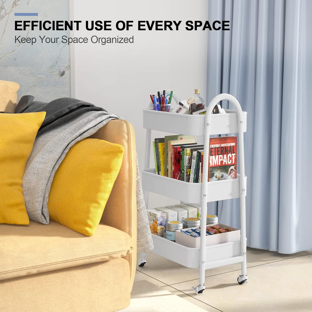 EAGMAK 3 Tier Utility Rolling Cart, Metal Storage Cart with Handle and Lockab...
