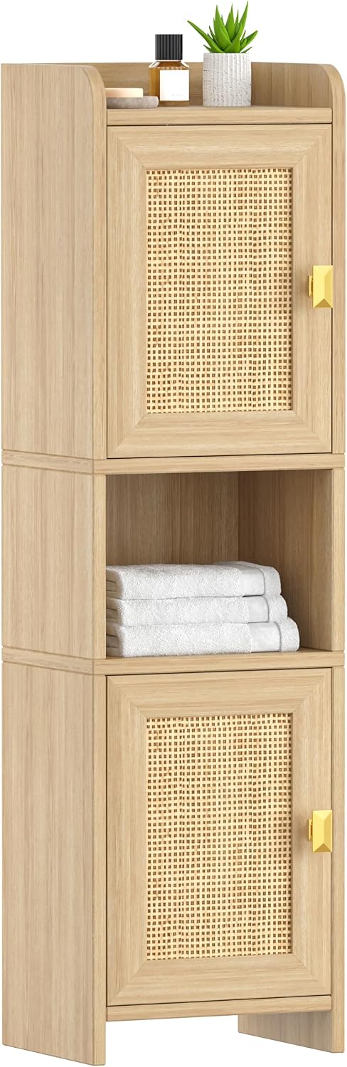 9.8''W Rattan Small Bathroom Storage Cabinet 2 Doors Oak