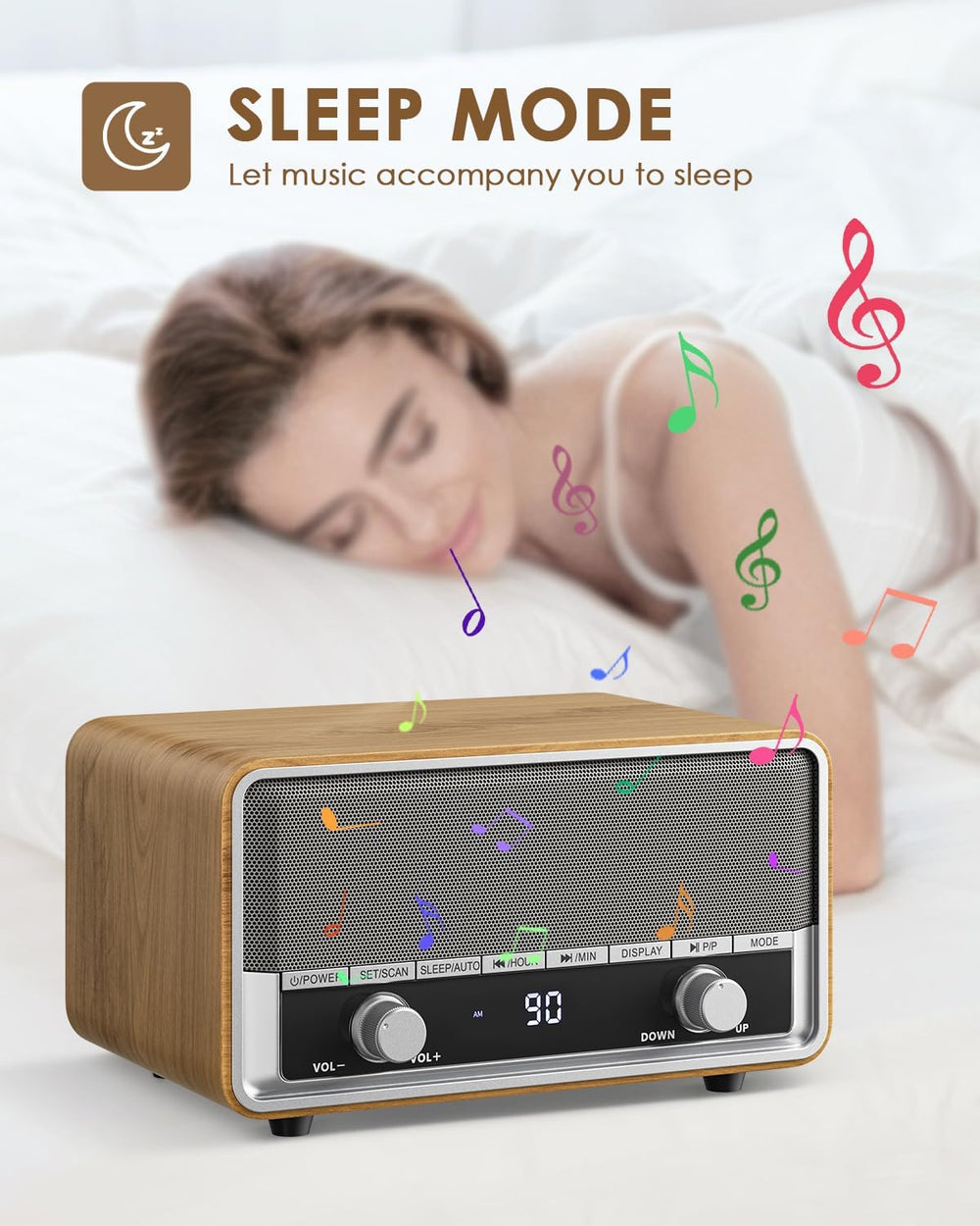 Vintage Wood AM FM Bluetooth Radio with Clear LCD Display