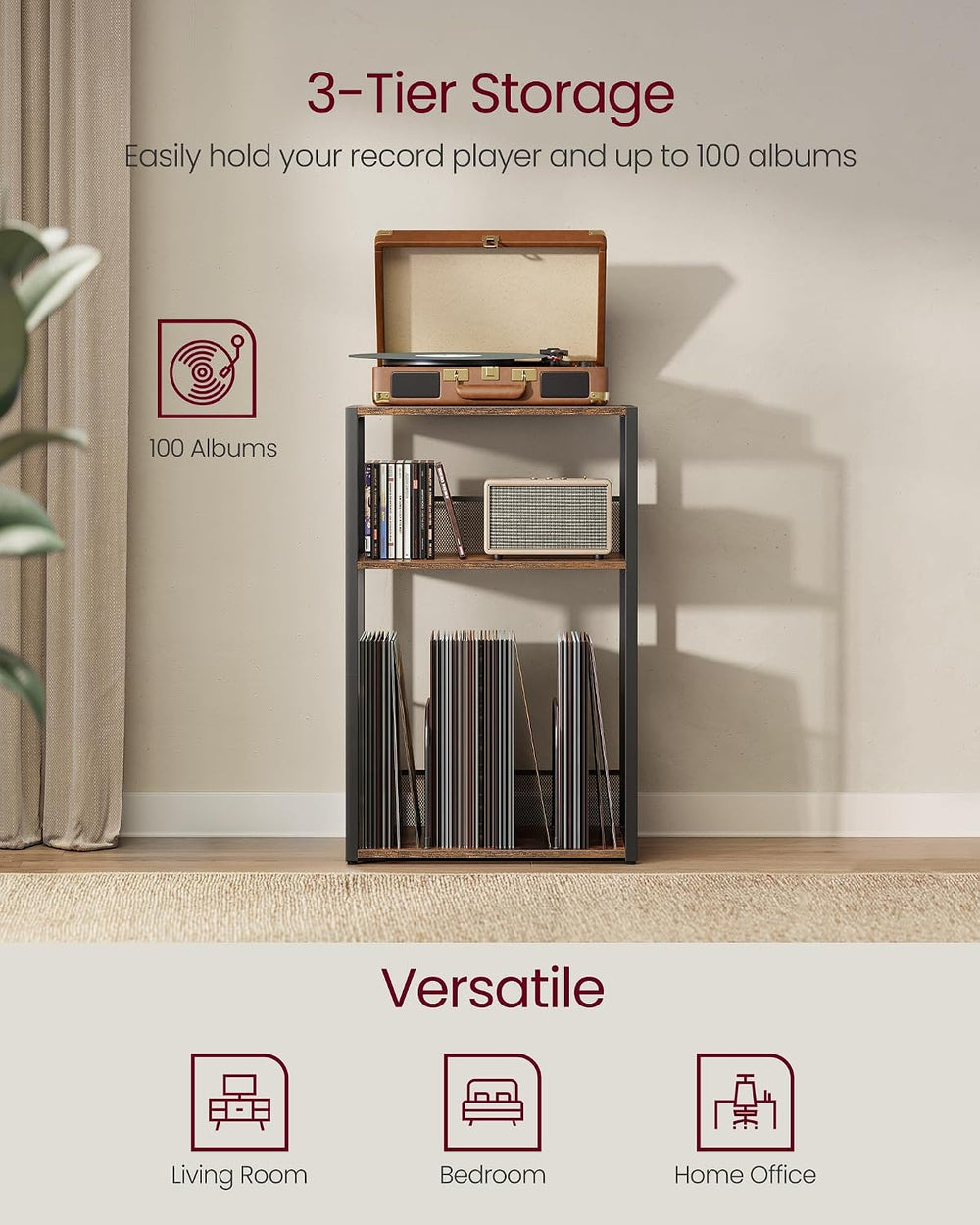 VASAGLE 3-Tier Record Player Stand, Vinyl Record Storage up to 100 Albums