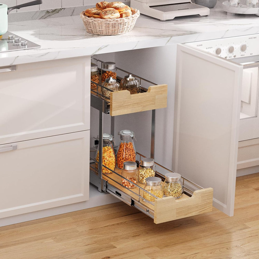 Sikarou Pull Out Cabinet Organizer,Heavy-Duty Slide Out Shelf, Wood and Wire ...