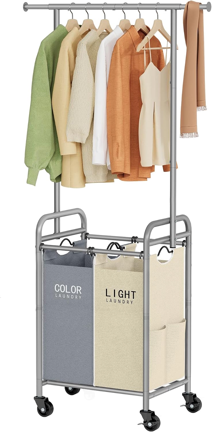 Tajsoon 2 Section Laundry Sorter Hamper with Hanging Rack, Beige & Gray
