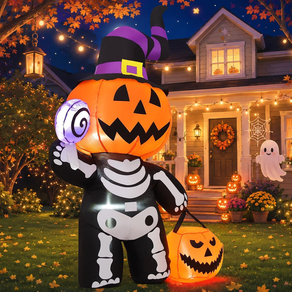 GOOSH 6 FT Halloween Inflatable Pumpkin Skull Body Outdoor Decorations Blow U...