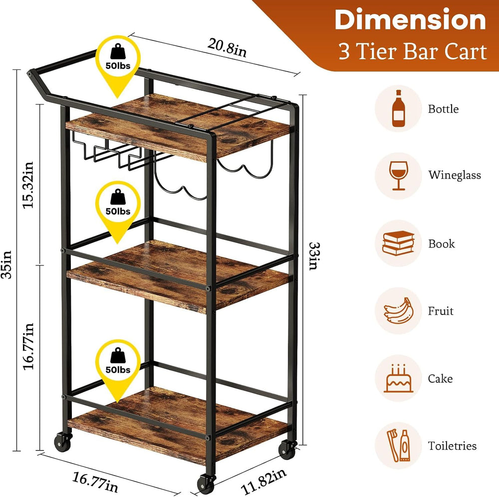 LOTEYIKE 3 Tier Bar Cart, Mini Liquor Utility Cart for Wine Beverage Dinner P...