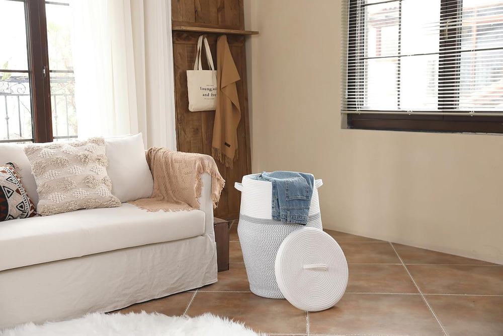 26"x20" Extra Large Tall Woven Laundry Basket with Lid, Cotton Rope...
