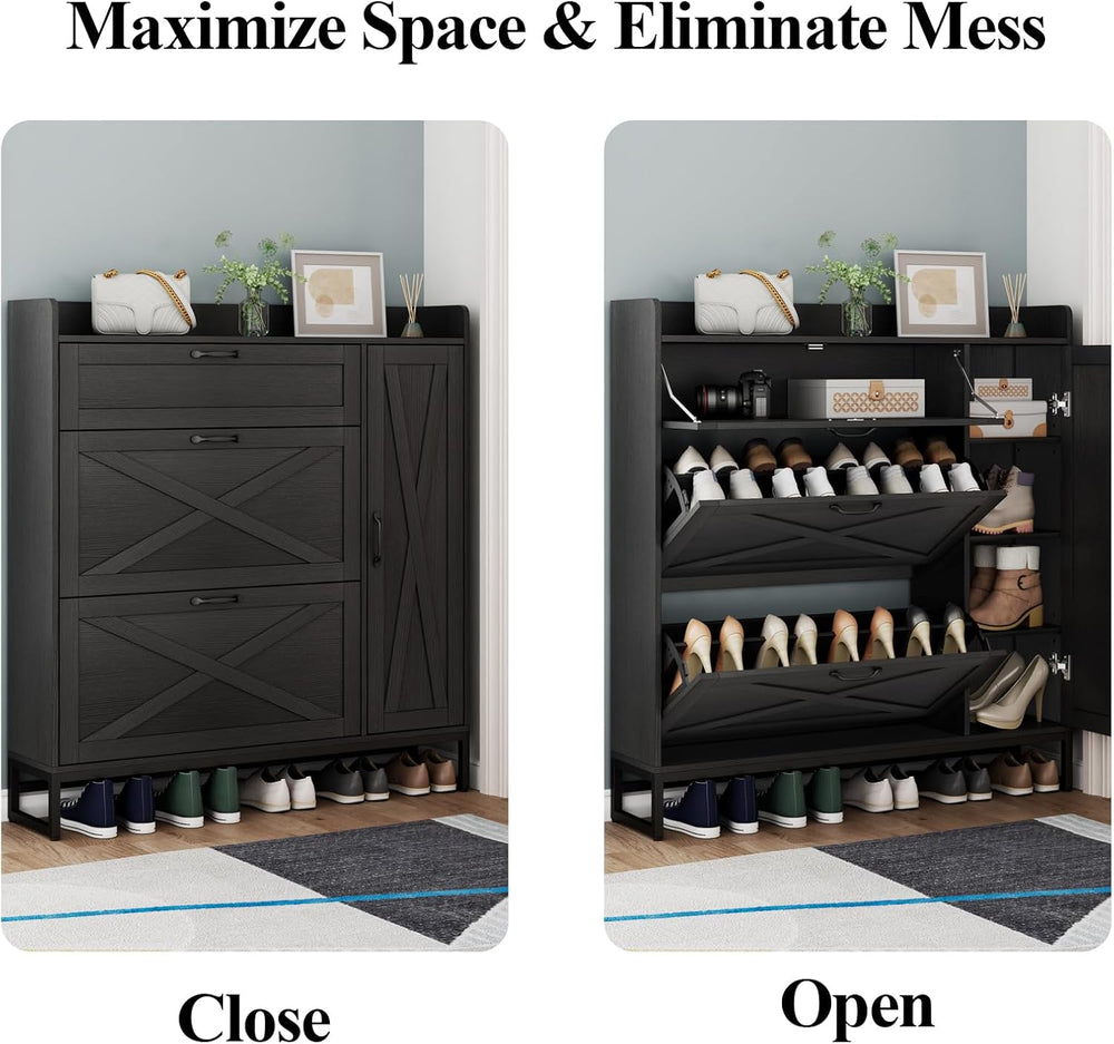 Free Standing Shoe Cabinet with 2 Flip Drawers and Adjustable Side Cabinet
