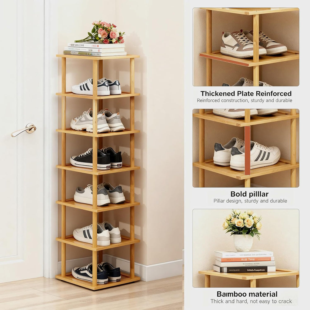 Aniston 7 Tier Bamboo Shoe Rack, Free Standing Slim Narrow Shoe Storage, Vert...