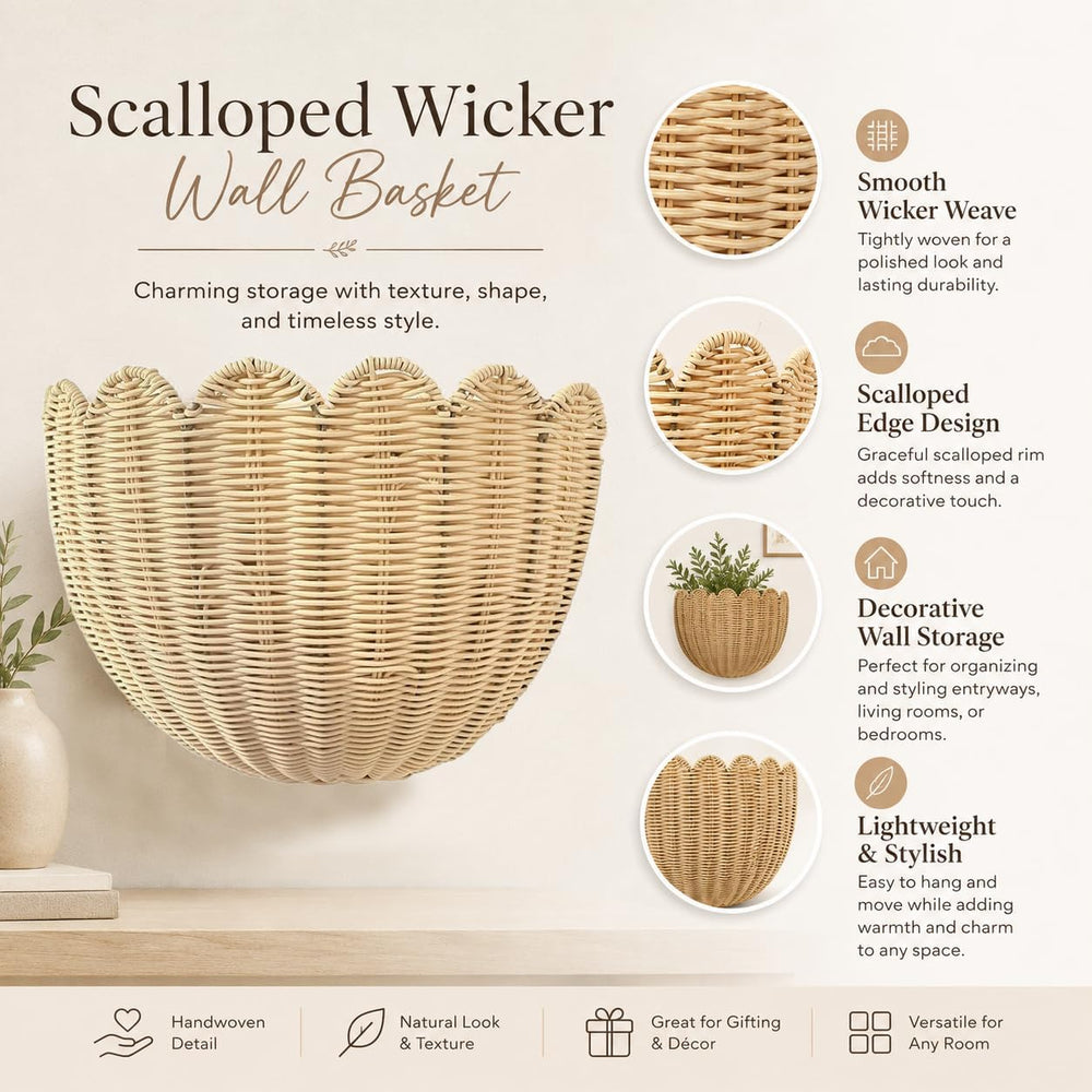 Set of 2 Scalloped Hanging Wicker Baskets for Wall, Scalloped Home Decor, Han...