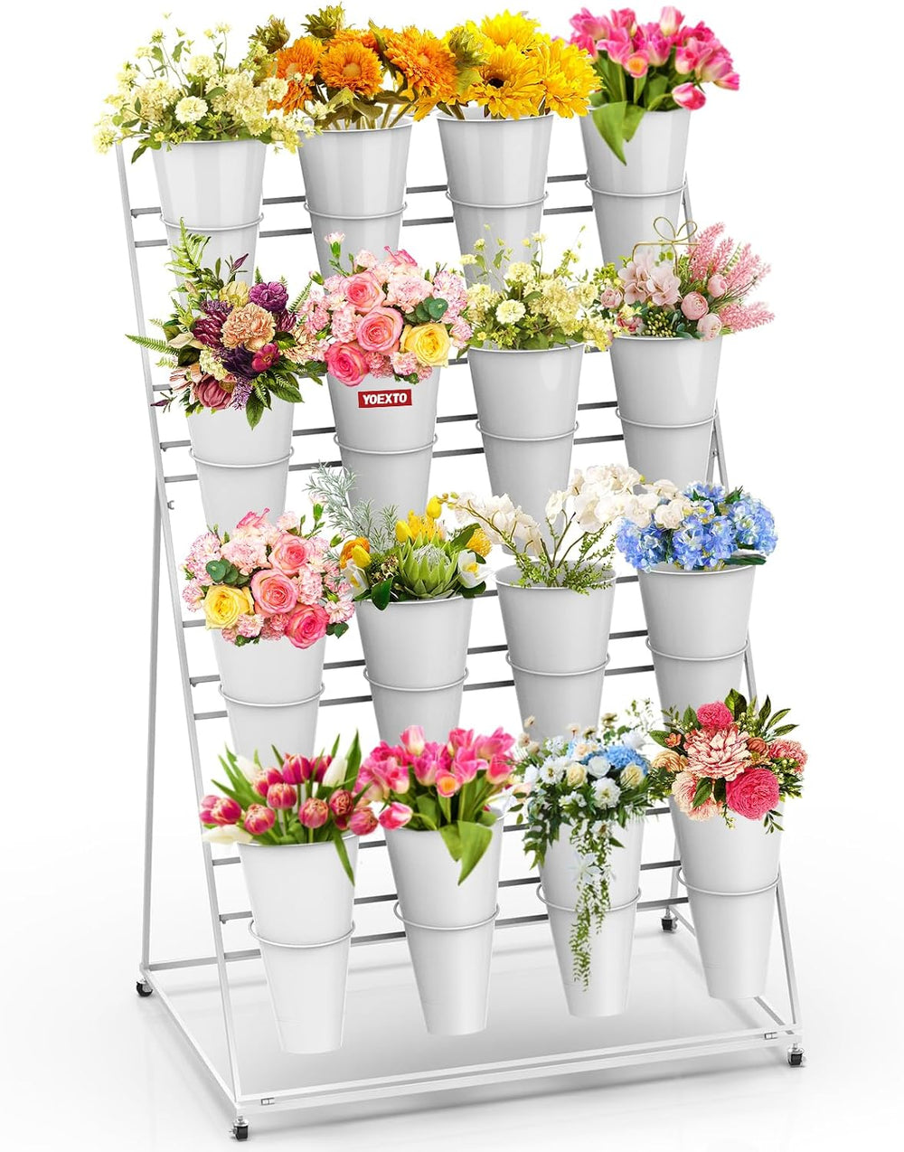 Flower Display Stand 4 Layers with 16 PCS Round Buckets, Plant Stand with Whe...