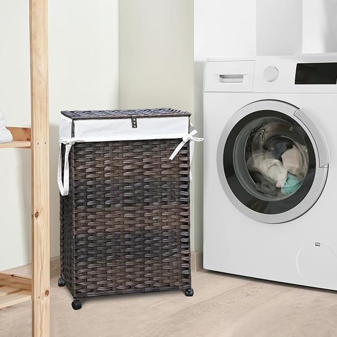 70L Slim Laundry Hamper with Lid & Wheels, 2-Park Rolling Laundry Basket ...