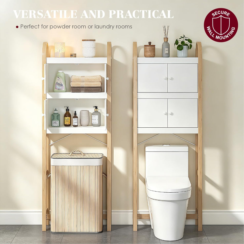 UTEX Over the Toilet Storage Cabinet with Doors, Arched Bamboo Frame, White