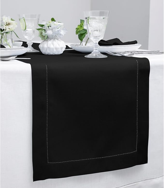 Solino Home Linen Black Table Runner 48 Inches - Classic Hemstitch, 100% Pure...