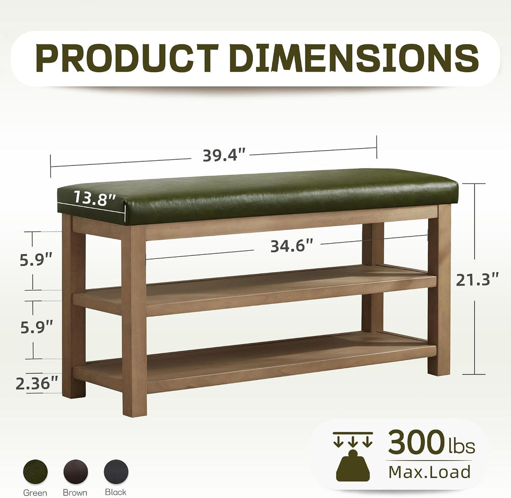 Zihanhome Shoe Rack Bench with Leather Cushion, 2 Tier Solid Wood Storage Ben...