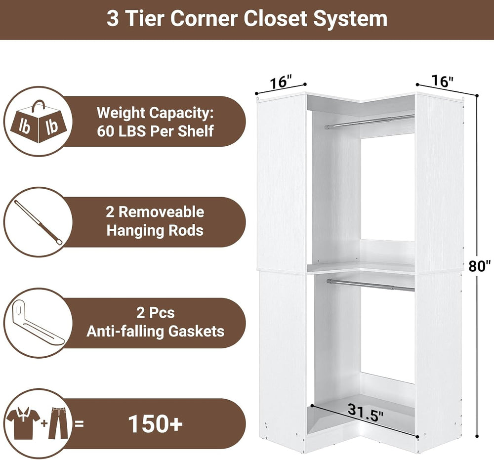 Armocity Corner Closet System, 32 Inches Wide Wood Unit with 2 Hanging Rods a...