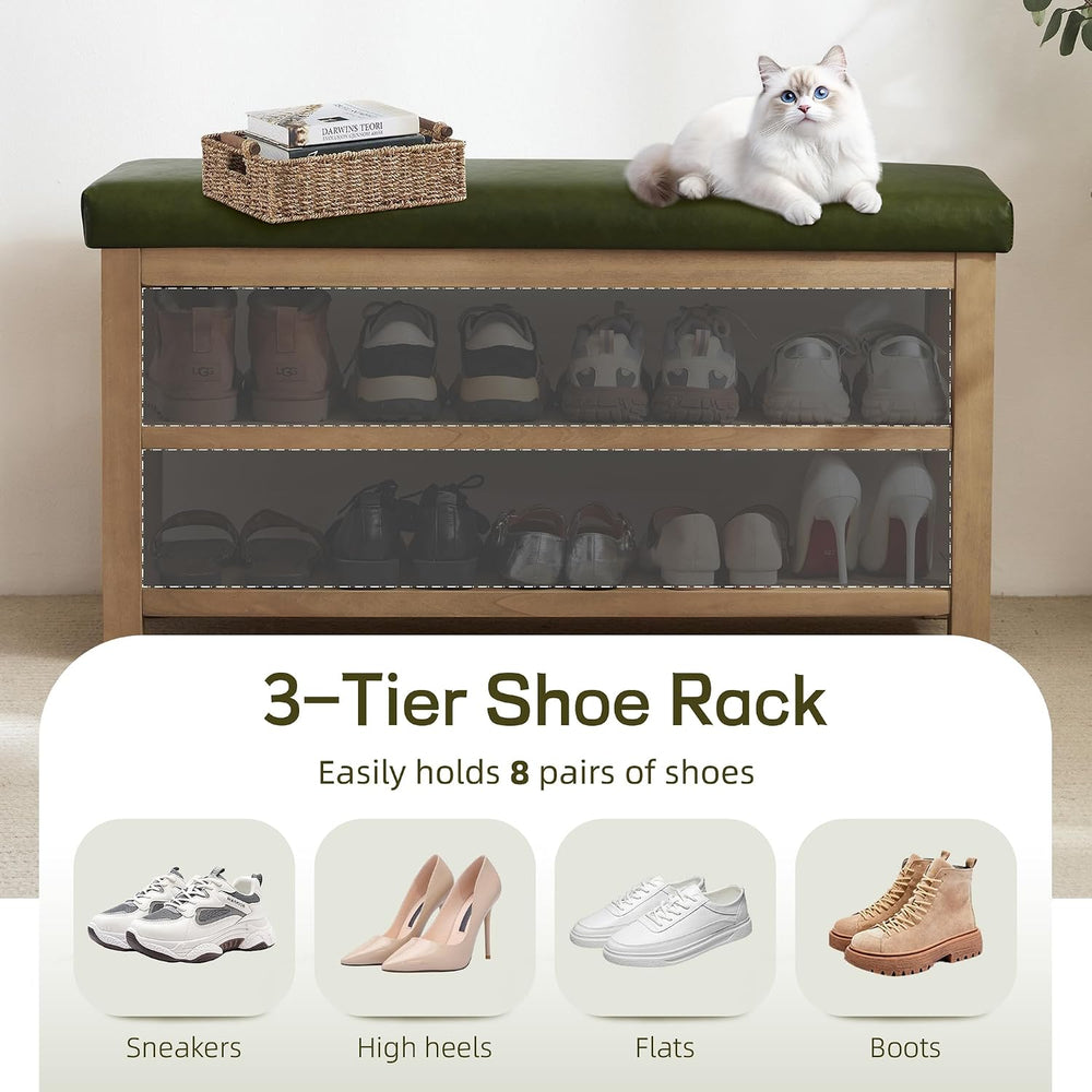 Zihanhome Shoe Rack Bench with Leather Cushion, 2 Tier Solid Wood Storage Ben...