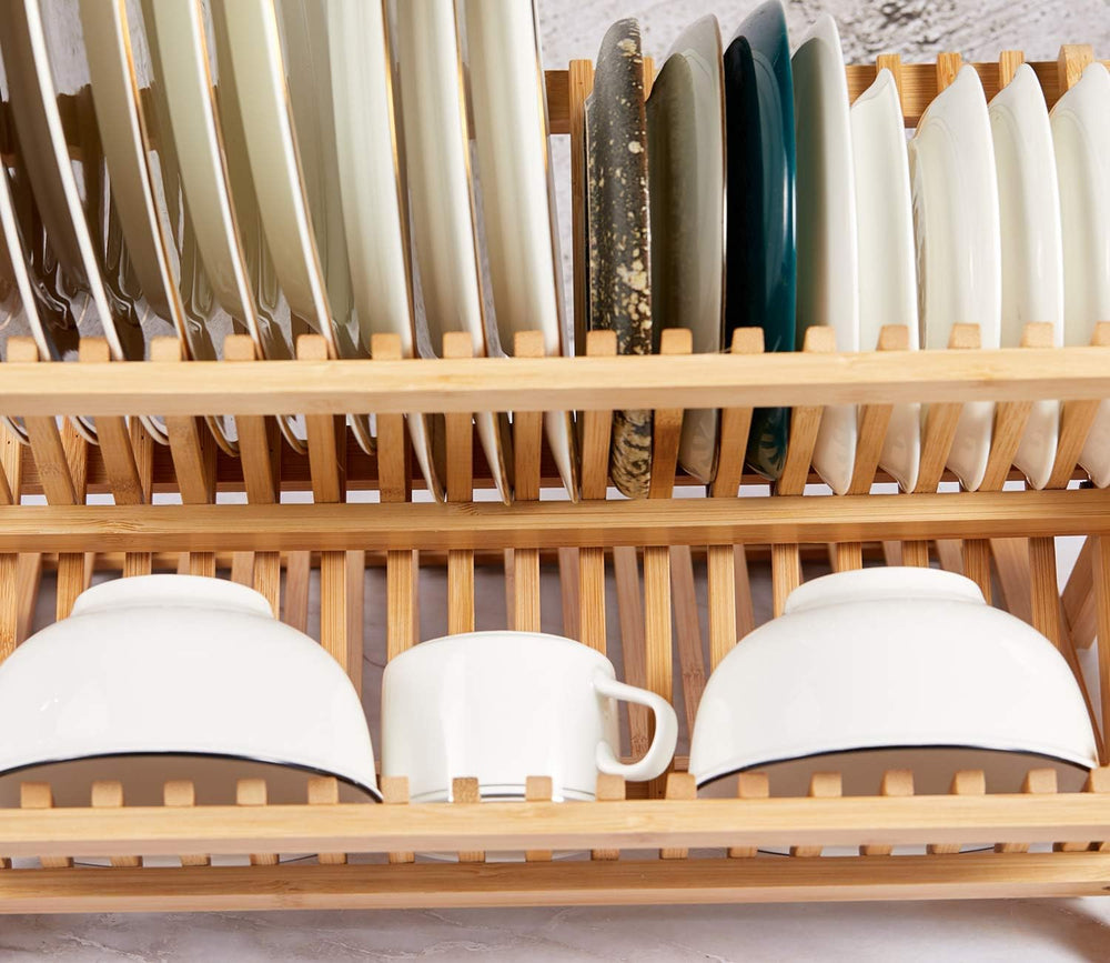 NOVAYEAH Bamboo Wooden Dish Rack, Wooden Dish Drying Drainer Rack