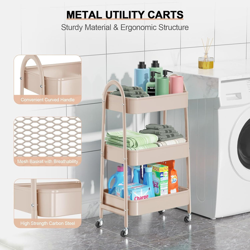 3 Tier Utility Rolling Cart, Metal Storage Cart with Handle and Lockable Whee...