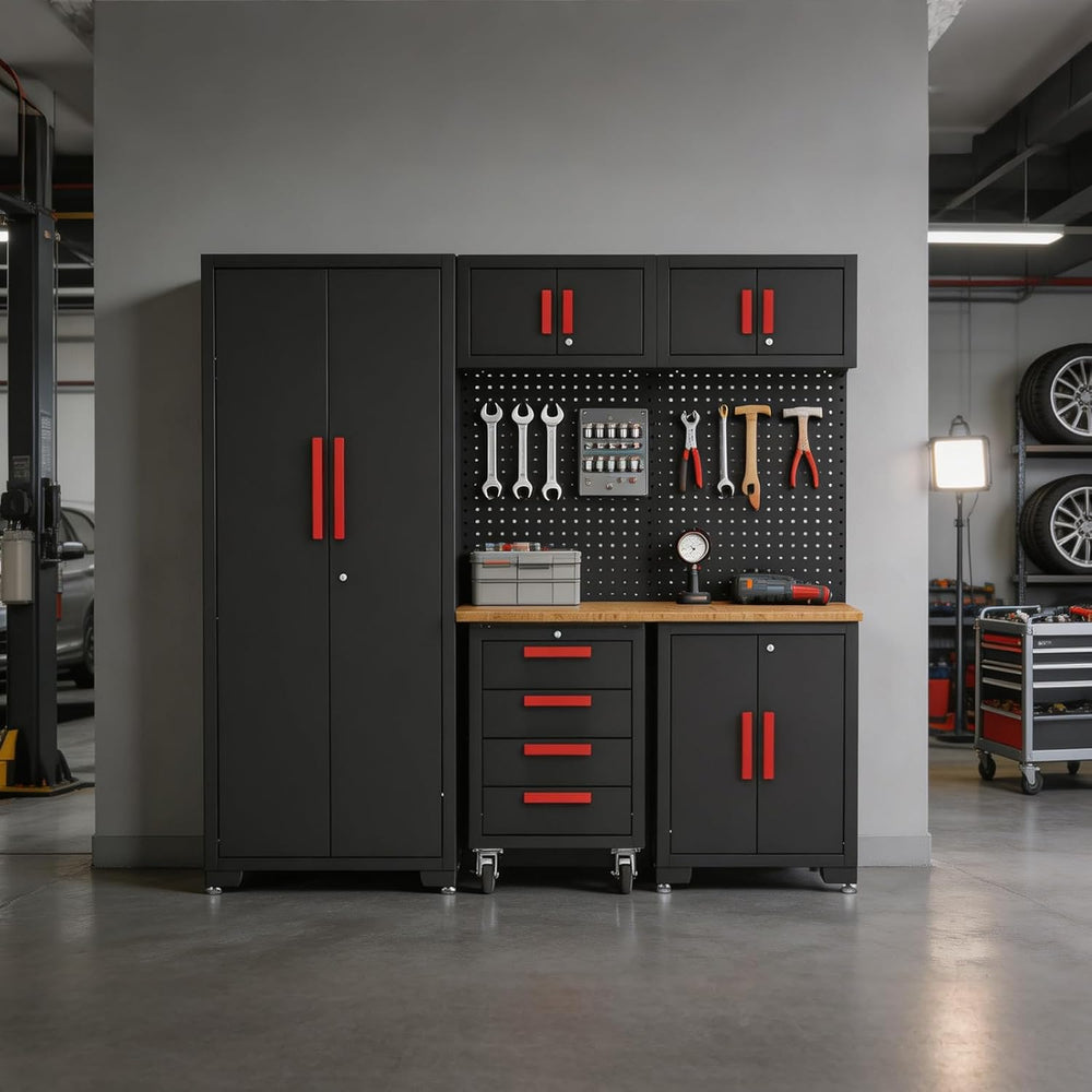 BIG RED Garage Storage Cabinets System, 6-Pcs Workshop Cabinet Set in Black