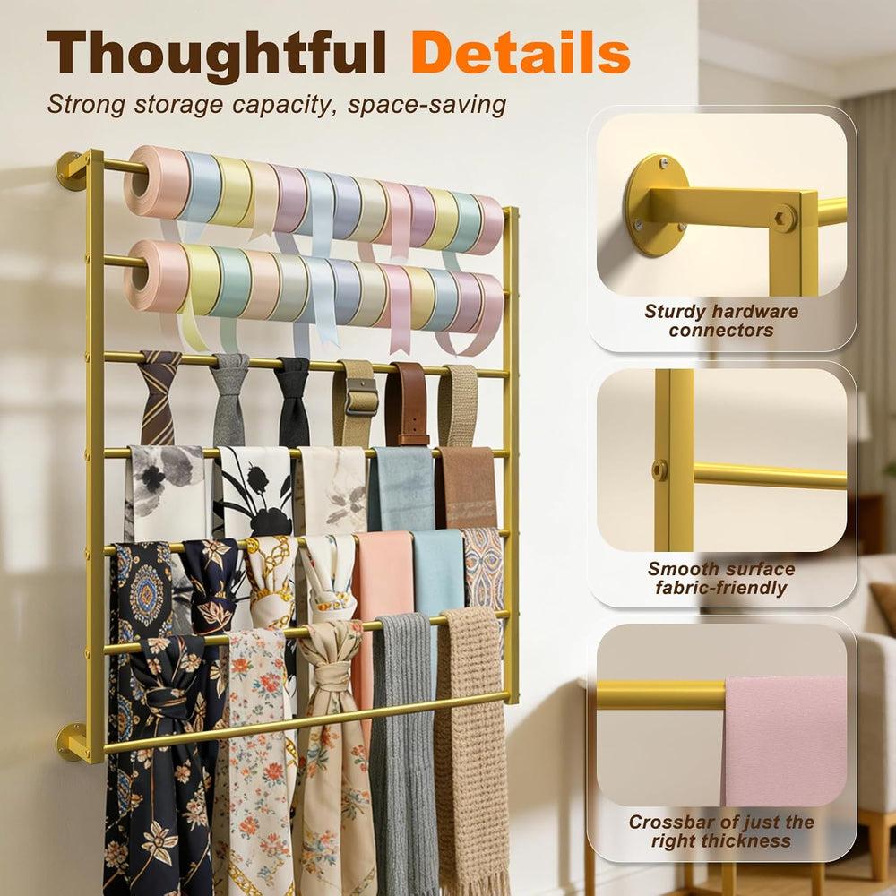 Wall Mounted Scarf Rack, Hijab Hanger Organizer (Gold, 10T-23.6×47.2IN)