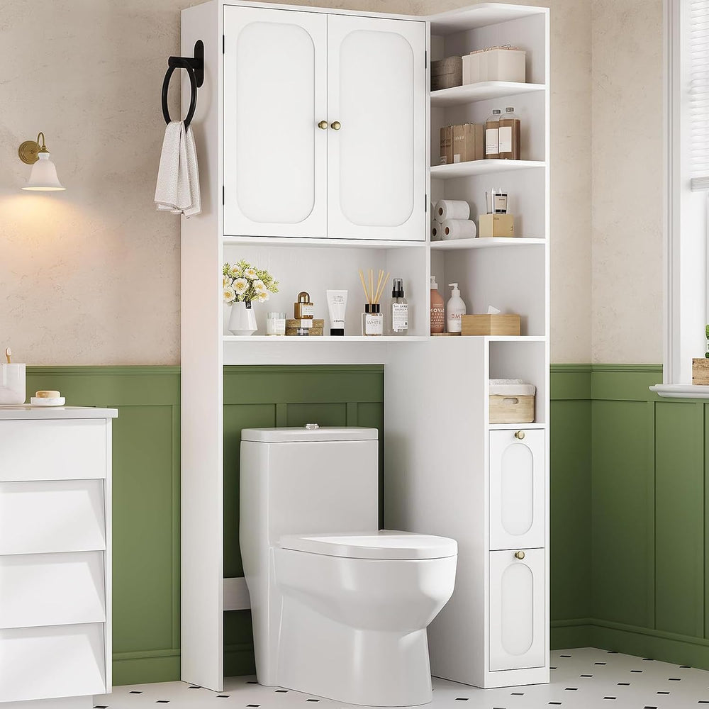 7-Tier L-Shaped Wooden Over the Toilet Storage Cabinet with Doors