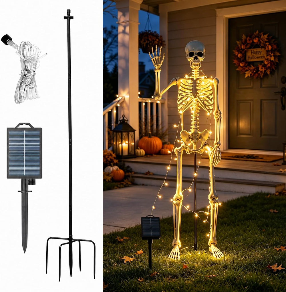 Halloween Skeleton Stand Kit & Solar String Lights,【Skeleton Not Included】