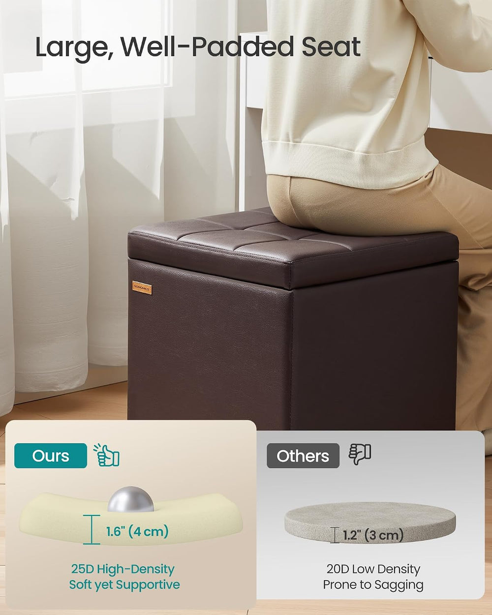 SONGMICS Square Storage Ottoman with Hinged Lid, 16.9 x 16.9 x 18.1 Inches