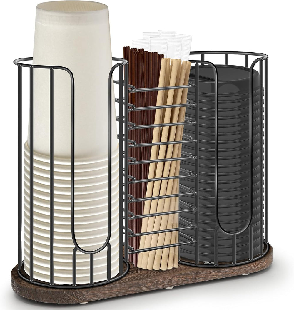 3-Compartment 18oz Coffee Cup Dispenser Rack with Wood Base, Disposable Cup, ...