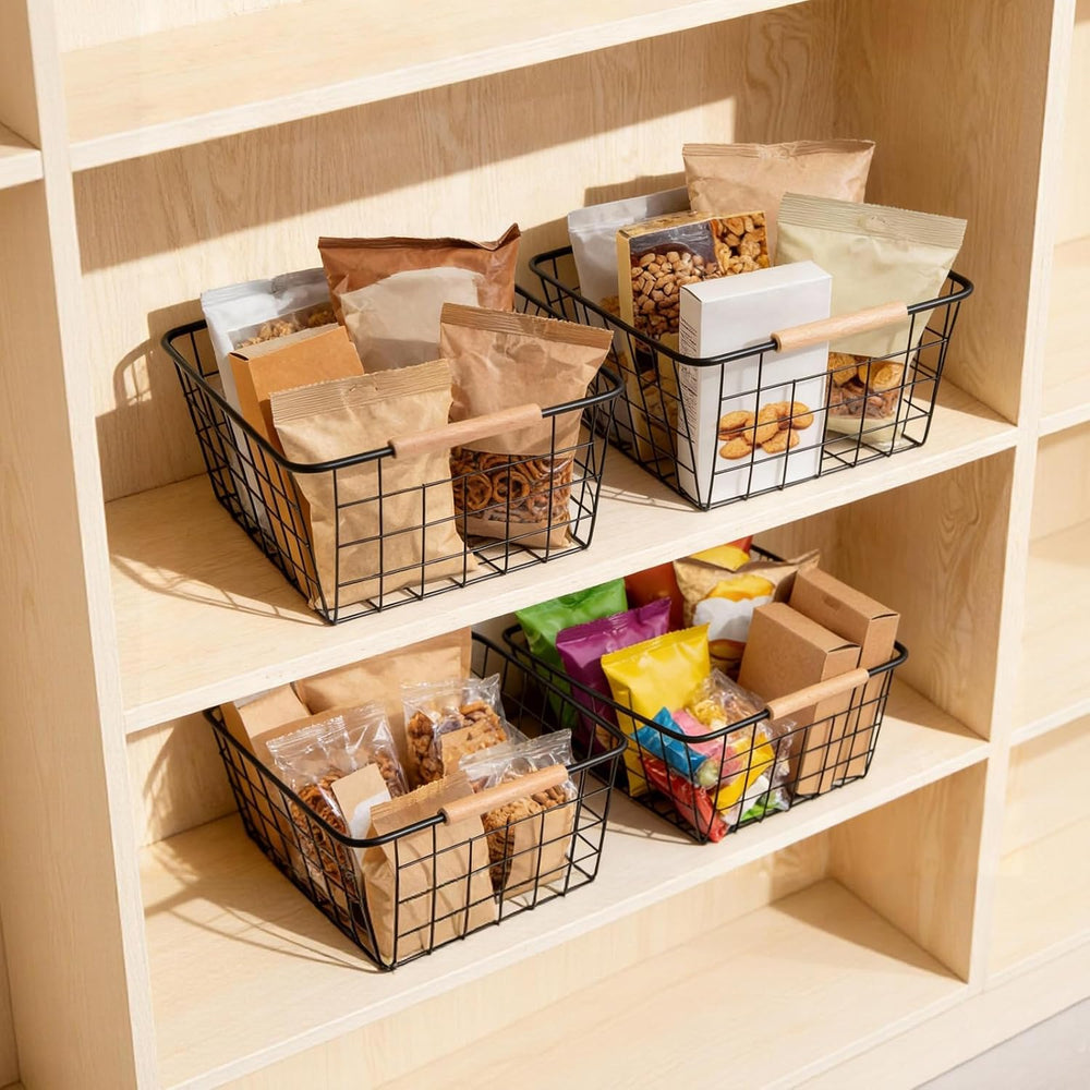 Wire Basket 4 Pcs Metal Wire Storage Basket with Wooden Handles for Pantry