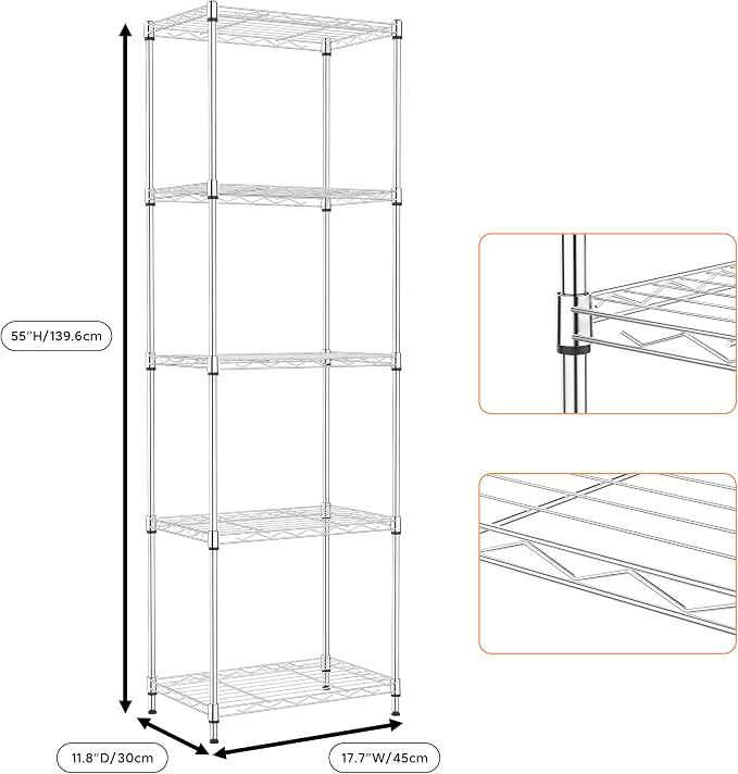 5 Tiers Shelf Metal Storage Shelves Wire Rack Closet Organizers