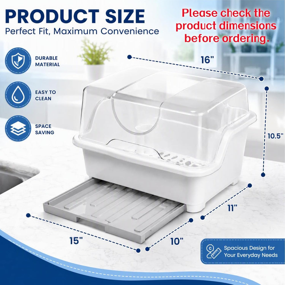 Plastic Dish Drying Rack with Clear Cover Lid, Dust-Proof