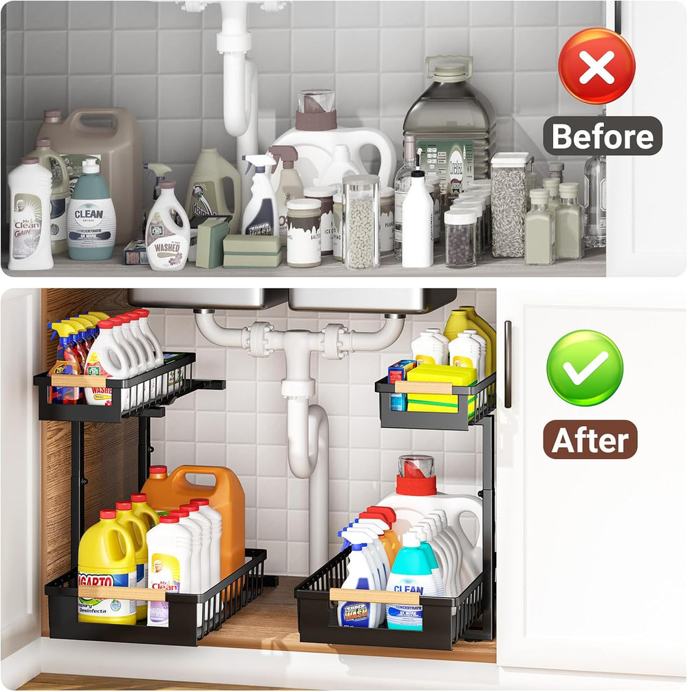 Under Sink Organizers and Storage, 2 Pack L-Shaped Pull Out Cabinet Organizer...