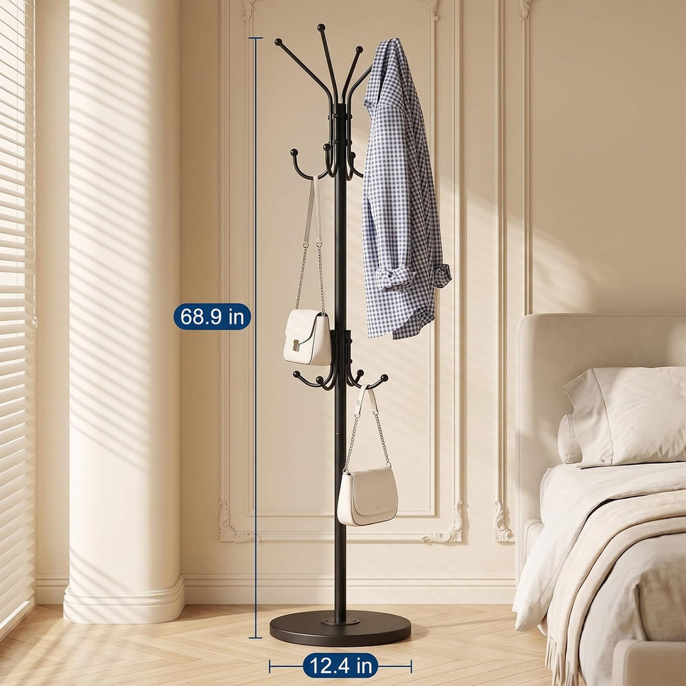 Freestanding Coat Rack, 12 Hook, Black Coat Stand with Wood Base