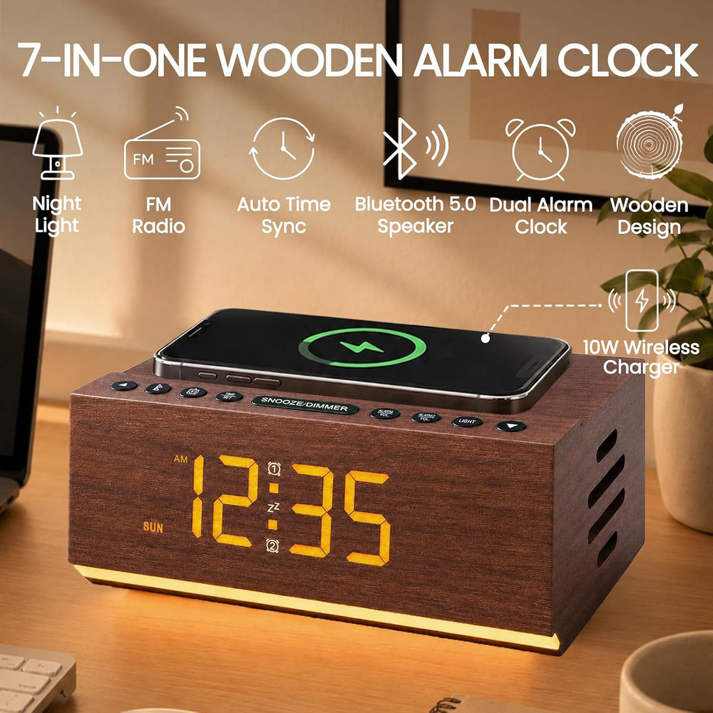 Wooden Digital Alarm Clock with Wireless Charging & Bluetooth Speaker