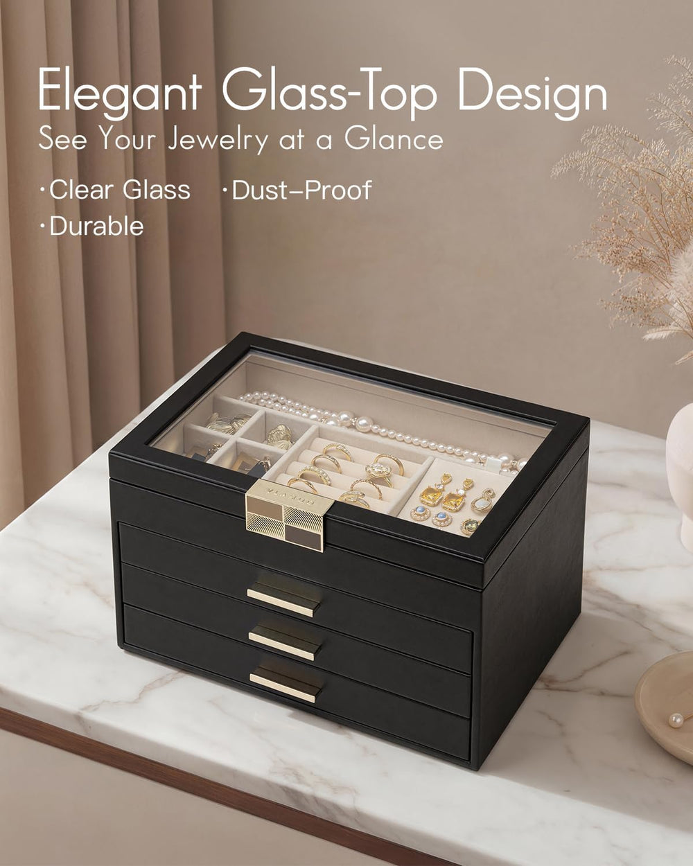 VLANDO Jewelry Box Organizer, 4-Layer Storage with Glass Window