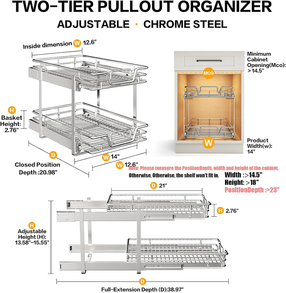 2-Tier Kitchen Cabinet Pull Out Shelf and Drawer Organizer Slide Out Pantry S...